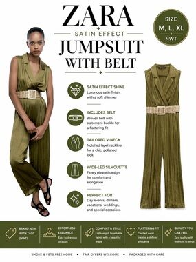 ZARA Olive Green Satin Effect Jumpsuit with Belt NWT Sizes M L XL